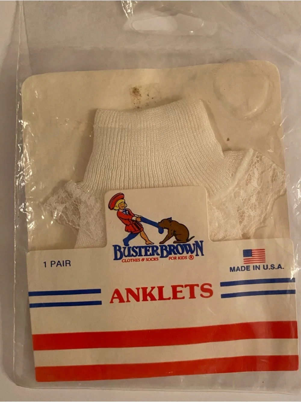 Vintage 80s Buster Brown Girl's Lace Trim Anklet Socks - New Sealed Made in USA
